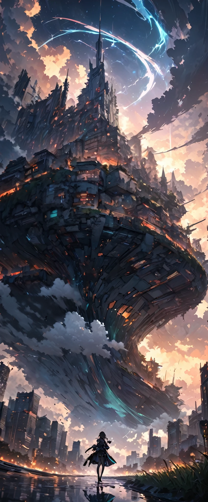 End of the World,史詩迷幻Sky, psychedelic Sunset, outdoor, Sky, storm clouds, thunder, lightning, water, no humans, cloudy_Sky, building, Star_(Sky), landscape, lens_Flare, Starry_Sky, reflection, Sunset, post apocalyptic City, post apocalyptic Cityscape, post apocalyptic Skyscraper, City_lamp, diffraction, Incredible color scheme, The perfect color scheme (perfect masterpiece,best quality, Best resolution:1.5)(Perfect CG 8K UHD unified wallpaper)油畫與water彩的融合, The fusion of paper-cutting and shadow puppetry, Monochromatic artworks everywhere, best quality, Ultra-fine, Delicate and dynamic, Green grass shrouded in mist, Create fantastic image effects