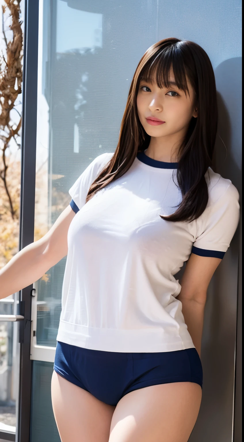 Head to knee portrait、alone、high school girl、White skin、Natural Makeup、Black Hair、bangs、Straight Long Hair、((School-designated gym clothes))、((White gym clothes on upper body、Long hem))、(((Tight Bloomers)))、((Low-rise bloomers))、((Navy Bloomer))、(((Tuck the bottom of your gym clothes into your bloomers)))、Big Breasts、((The upper body is wearing gym clothes))、Looking into the camera、(((School corridor)))