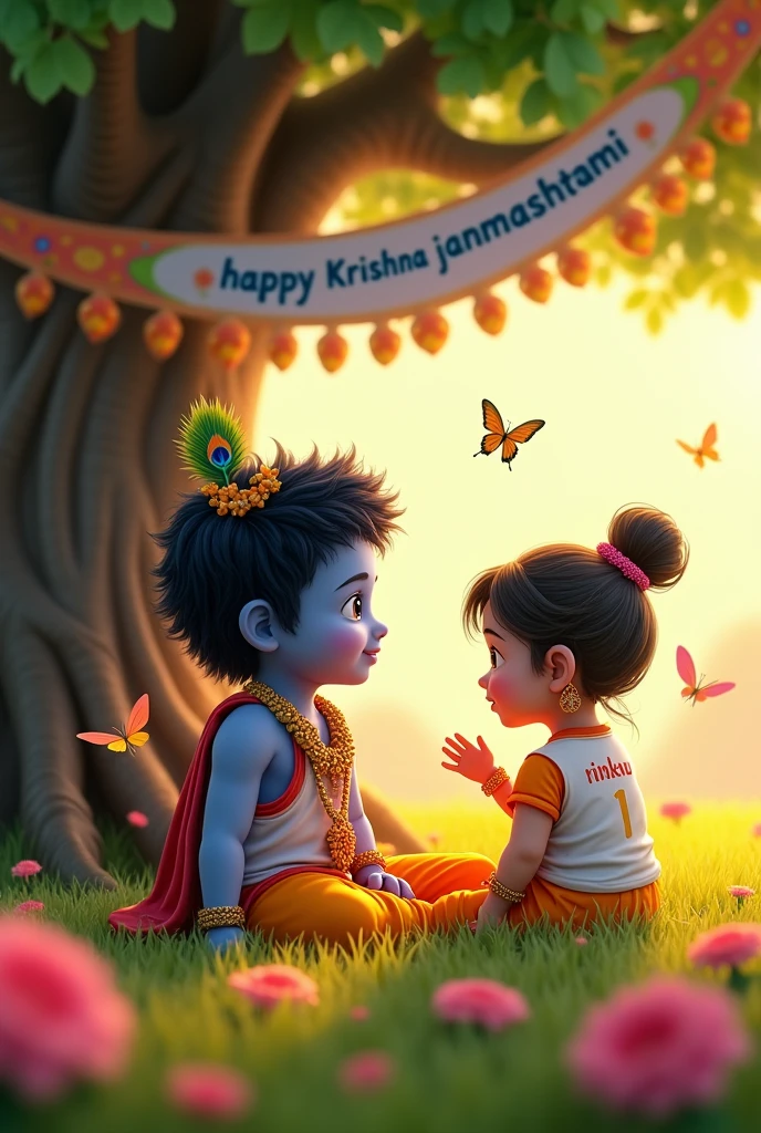 A delightful and festive scene featuring a young girl wearing a jersey with the name 'Rinku ' on the back, sitting beside a child-like Lord Krishna. Lord Krishna is depicted with his signature blue skin, a peacock feather in his hair, and dressed in traditional Indian attire. They are both sitting under a large, lush tree in a grassy field. The background is adorned with a colorful banner that reads 'Happy Krishna Janmashtami'. The atmosphere is joyful and celebratory, with vibrant flowers, fluttering butterflies, and a soft, golden light illuminating the scene, creating a sense of peace and divinity."