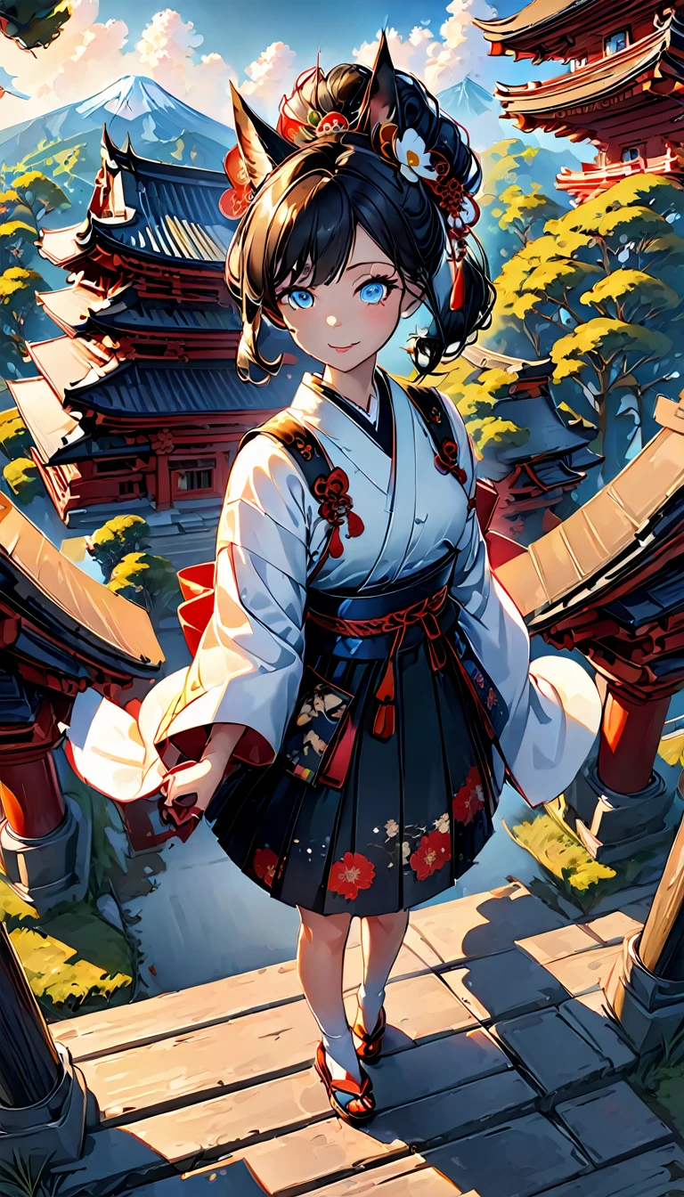 Ink painting, (((1 girl))), (((Tattoo in the middle of the forehead))),(((In the background is the Akatsuki moon))), (((Oiran))), (((Great hair accessories))), Demon possession, ((Masterpiece:1.2)), ((Highest quality)), Extremely detailed and delicate illustration style, Detailed leather texture, Detailed canvas texture, Very detailed description, (Masterpiece T), Extremely beautiful illustration, Highly detailed face, Raw image, professional, Ultra-high resolution panel, Complex details, Superior detail, Intricate decoration details, Perfect anatomy, real, (Very beautiful and cute black and white colored fox woman or girl with blue eyes wearing kimono), ((آذان الثعلب black hair, White hair, multicolor, the beautiful)), (Beautiful black and white colored fox tail), (black hair, White evil, Beautiful and shiny), (((She has claws on her hands.))), (((She has long fangs.))), (Beautiful and clear blue eyes), (Beautiful detailed eyes:1.6), (Traditional black and white detailed costume), Front view, White flower kimono, Black white colorful hakama long skirt, A maxi skirt, Modestly dressed, He smiles, ((Standing and looking at me)), ((The day)), (Extremely detailed and beautiful Japanese temple construction), (8K Highest quality wallpaper), (Extremely detailed and delicate background)