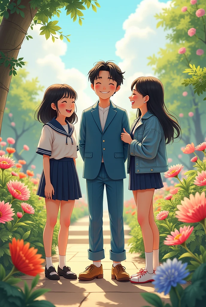 twin Korean sisters, one is chubby and wears a school uniform, and one is slim and wears fashionable clothes, standing and laughing with, a Korean boy tall and handsome wears blue fashionable dress,background is beautifull flowers garden, write the miracle in bottom
