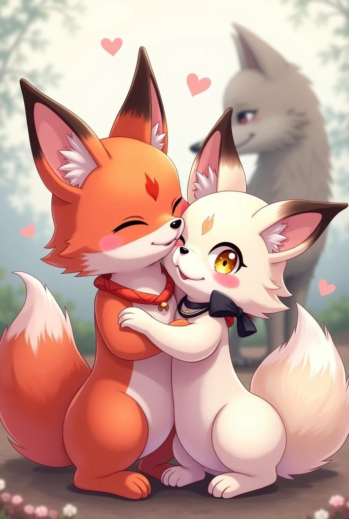 Red and pink Kemono fox male cute and a cute white fennec Kemono fox with yellow eyes black bow and necklace female in love cuddling and cute Kemono grey wolf in background upset and jealous