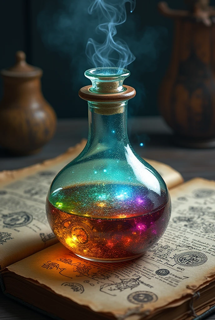 potion with herbs, painting, illustration, hyper realistic, intricate detail, ancient magic theme