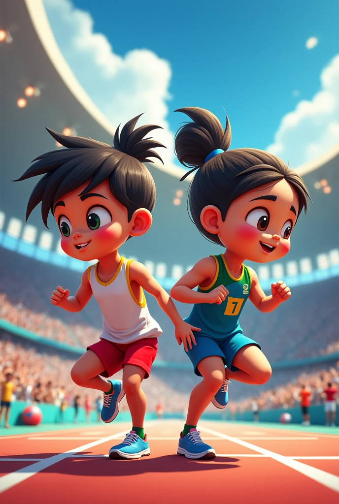 A poster depicting children in Olympic gear losing a challenge and then that same child winning
