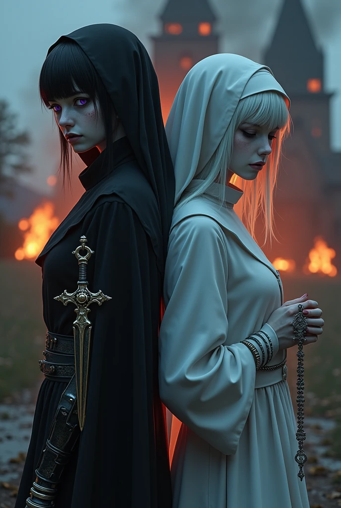 Two pale middle-aged girls back to back with violet eyes, with the one on the left wearing dark alchemist clothes and with the left arm with a steampunk prosthesis holding a dagger with the symbol of Baphomet, short black hair with a cut on the face, and the one on the right in white nun's clothes holding a rosary with closed eyes and long white hair with a church in flames behind at nightfall.
