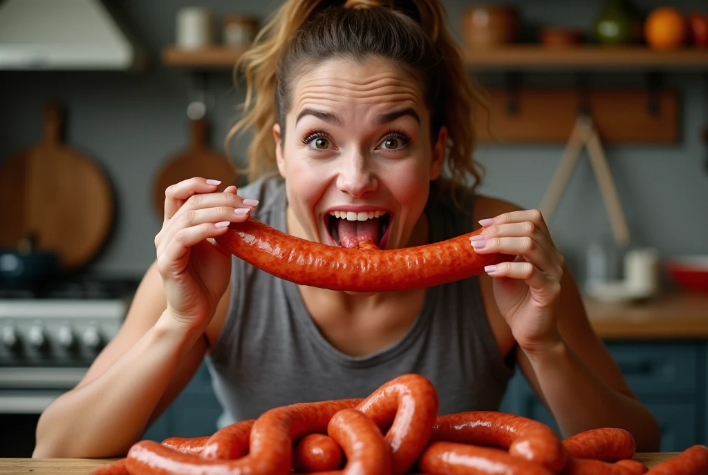 put sausage in mouth,Heaps of sausages in both hands,muscular woman Eating penis shaped sausage battle contest,in kitchen stadium,
