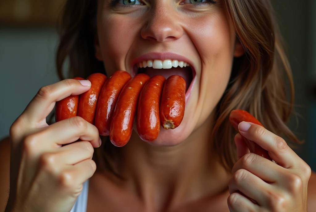 put sausage in mouth,Heaps of sausages in both hands,muscular woman Eating penis shaped sausage 　battle contest,in kitchen stadium,