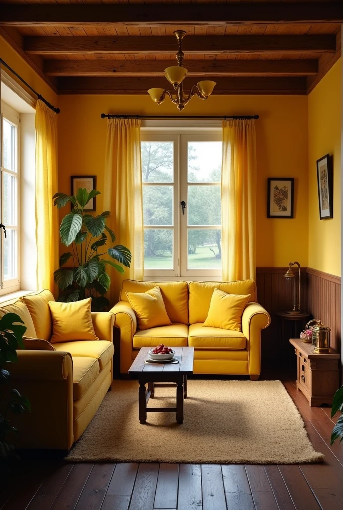 I'm inside a wooden house where the living room is yellow with a sofa, curtains, half of the wall, all yellow, with a table in the center, sofa on the left side with a window above the sofa, dark wooden floor, dark wooden ceiling, old style house, half farmhouse