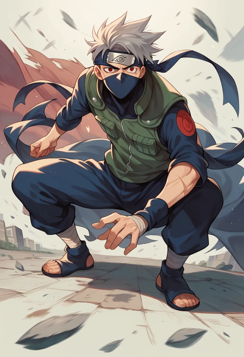 Masterpiece, best quality, 8k wallpaper, Sharingan, Chidori, 1boy, kakashi, grey hair, covered mouth, mouth mask, red eye, scar across eye, forehead protector, urban outfit, ready to fight, full body