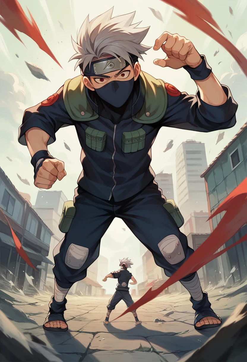 Masterpiece, best quality, 8k wallpaper, Sharingan, Chidori, 1boy, kakashi, grey hair, covered mouth, mouth mask, red eye, scar across eye, forehead protector, urban outfit, ready to fight, full body