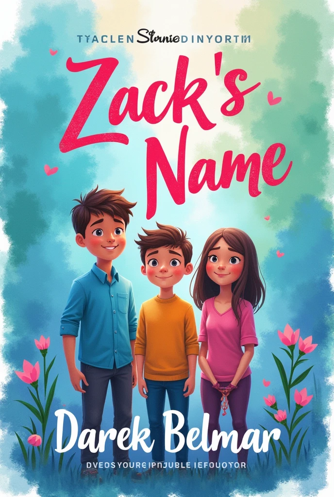Create a book cover with the colors blue, pink and green, with two adult boys and an adult girl in the background, watercolor style, but not detailed, with the title "Zack's name" and the author's name "Darek Belmar" On the bottom, not so realistic people