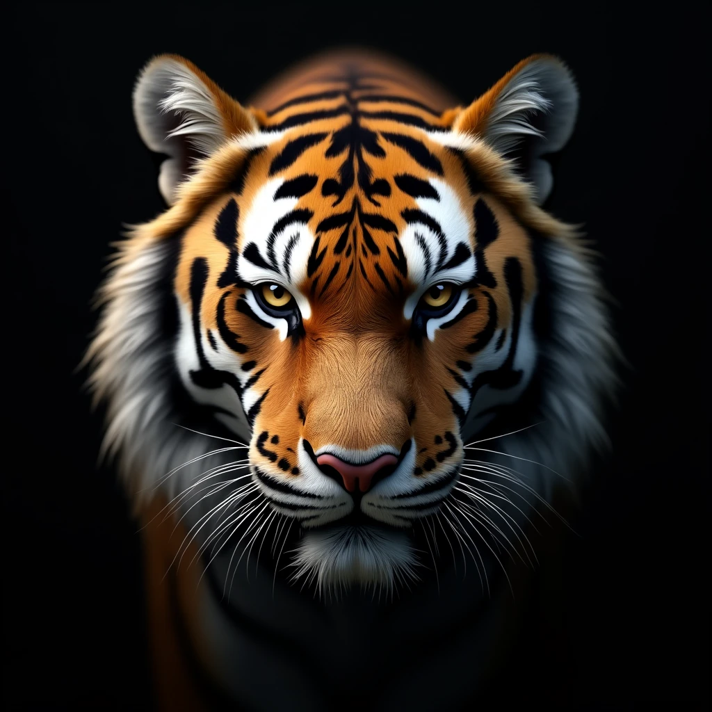 Tiger head, calm expression, hyper photo realistic, dark background
