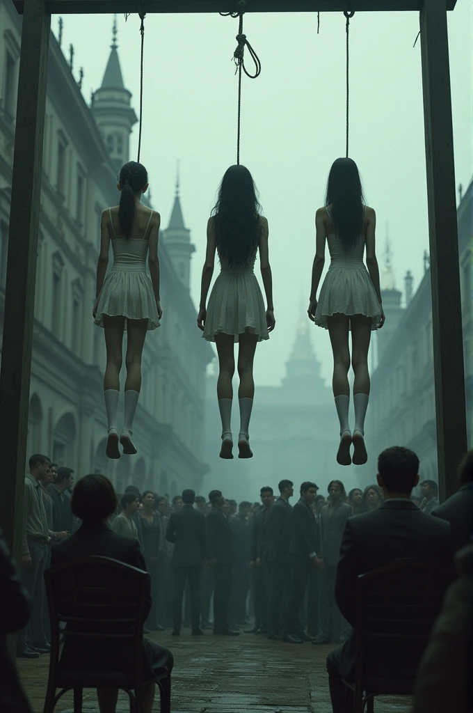Scene of three girls in white thigh high socks, hanged, execution, gallows, hovering in the air, many people around, noose, The girl is standing on the chair.