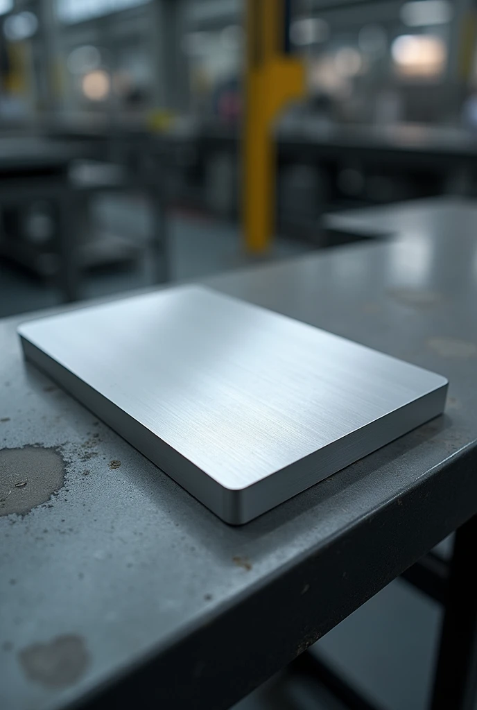 Aluminium 7075 t6 material in the size of length 200 mm, width 200 mm and 0.5 mm diameter with top view of the object in factory background