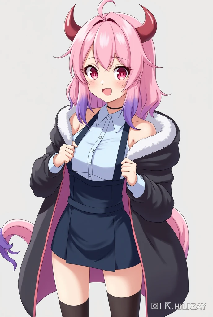 Ilulu appears in her human form as a young woman of small stature with pink eyes and slit pupils and matching pink colored hair styled in low curly twintails. In the anime her her hair is given an extra shade of purple at the tips. Her initial outfit was a black cloak with fur and underneath she wore a black string thong with a matching bra (only in the anime). After she moves in with Kobayashi, Ilulu's main outfit is a black one piece dress, black thighhigh socks, and red shoes (She still wears the black string thong under the dress).
Ilulu has a generous bust and when she first arrived her human form had dragon-like arms (due to her poor shapeshifting skill). She briefly (longer in the manga than the anime) transformed her hands into rounded knubs with no visible fingers, although there were hundreds of microscopic hands across the surface she could use to grip stuff with. Eventually she was able to transform her hands into a proper human form. Like Lucoa and Tohru, her horns are visible in human form.
When she gets a job at the candy shop, Ilulu wears a uniform of light blue button up shirt, blue pants, and a navy apron.
Her dragon form is yet to be revealed, for her transformation, Ilulu is covered in a mass of flames in a vaguely bestial shape, only to be interrupted by Tohru with her attack.
Her height is 130cm while in human form and unknown as a dragon and her measurements are B130/W55/H70.