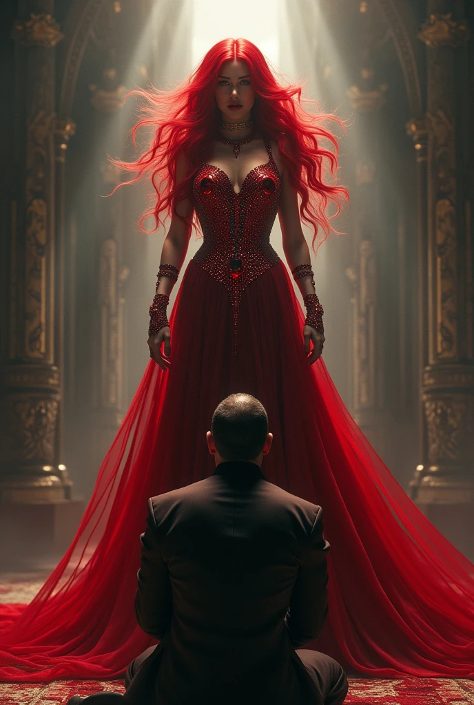 A man kneeling to a femme fatale like a goddess with red hair and dress bejeweled with red rubies