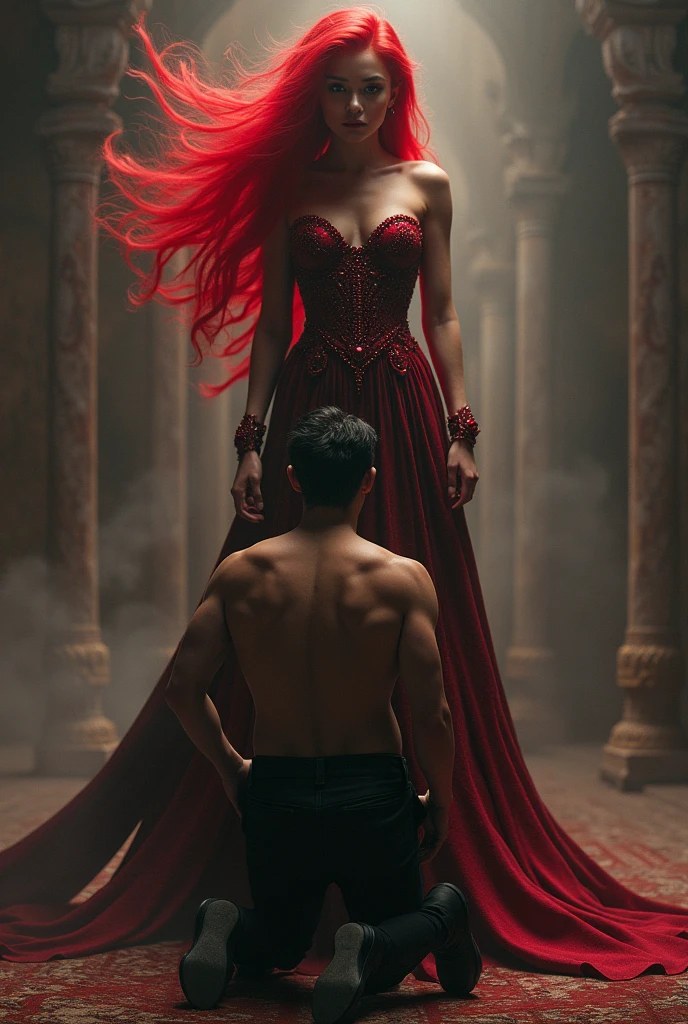 A man kneeling to a femme fatale like a goddess with red hair and dress bejeweled with red rubies
