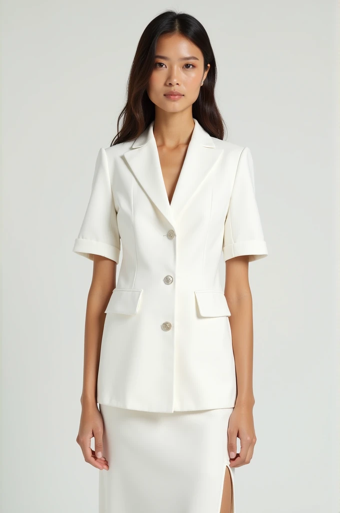 I want to create a white blazer with short sleeves that has 3 buttons, accompanied by a white skirt below the knee and with a slit on the left side.