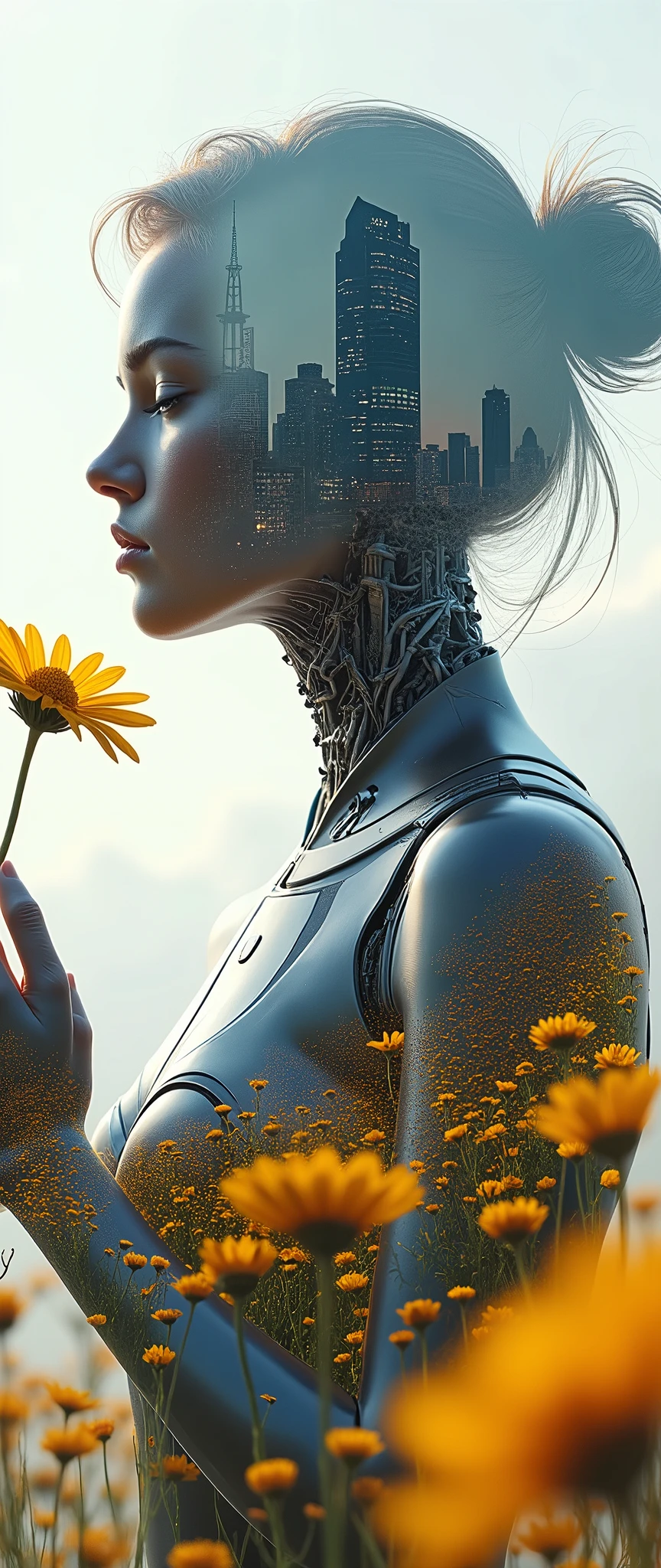 (masterpiece:1.2,Exceptional Quality,mirror-like,Cinematic Experience,Photorealistic,RAW Photos,Super detailed),8k,wallpaper,(Beautiful multiple exposure combining female cyborg and cyberpunk city),(The background is a beautiful flower field:2.0),(Create the outline of a female cyborg holding a daisy flower:2.0),Sharp lines,Sharp Focus,Double Exposure,Full Color,(Detailed Female Hands:2.0),(Beautiful female hands:2.0)