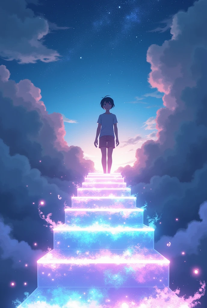 Create an anime-style illustration featuring a character ascending a path of glowing, ethereal steps leading up through a serene, starry sky. The character should be depicted with a look of determination and growth, surrounded by soft, vibrant hues and mystical elements symbolizing transformation and self-improvement. The scene should evoke a sense of progress and inspiration, blending magical elements with a sense of personal achievement.”