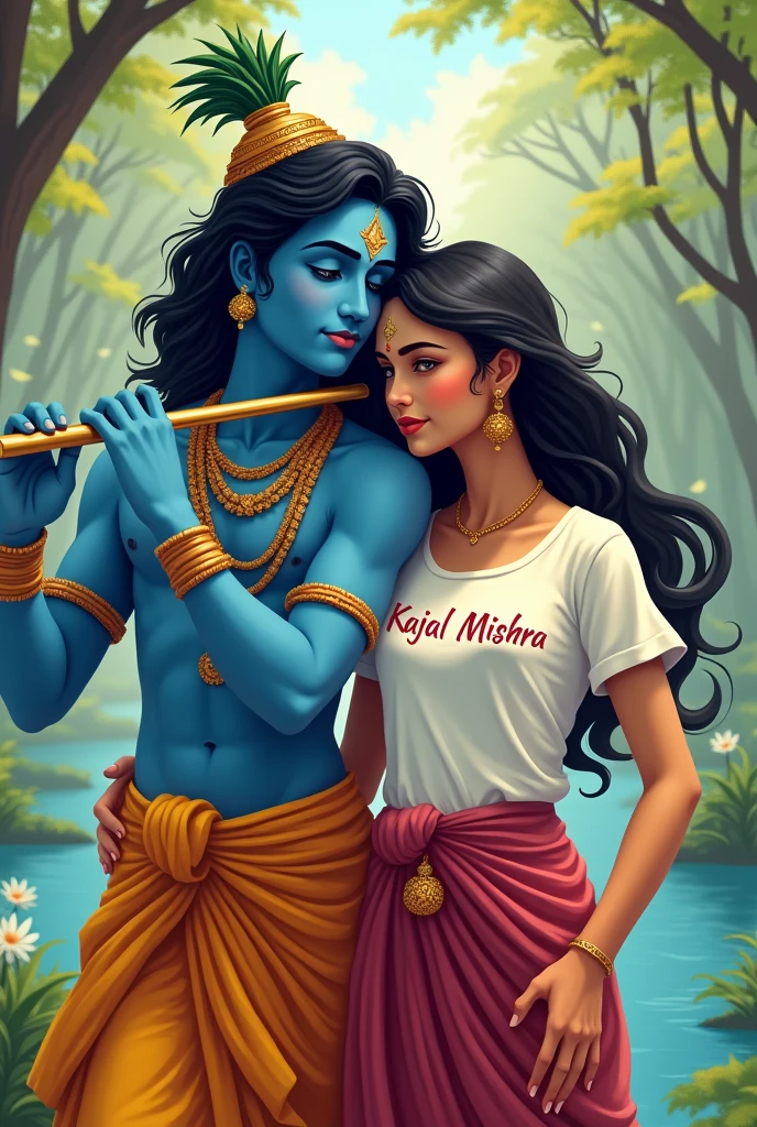 Krishna with kajal Mishra name printed on tshirt of the girl 
