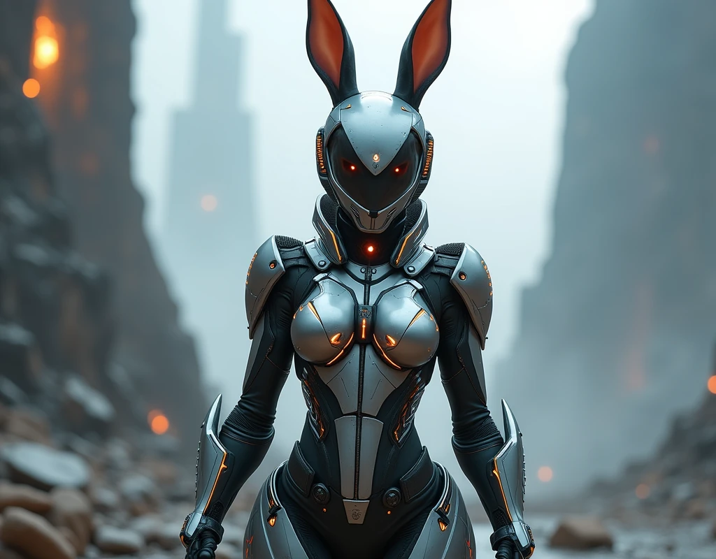 Rabbit anthropomorphism，Full protective helmet mask and future high-tech combat armor，Female Star Warrior，Professional photography