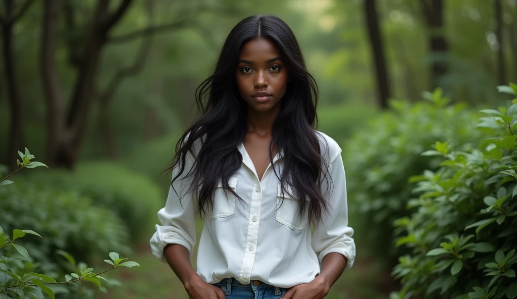 the best photo, the most realistic ,Clareza 4K, black female , black hair with long length ,age 25 ,White cotton shirt , Delicate face, long hair, ebony skin ,jeans .the woman is distracted(not looking at the picture ) and in the background there is a forest with bushes 