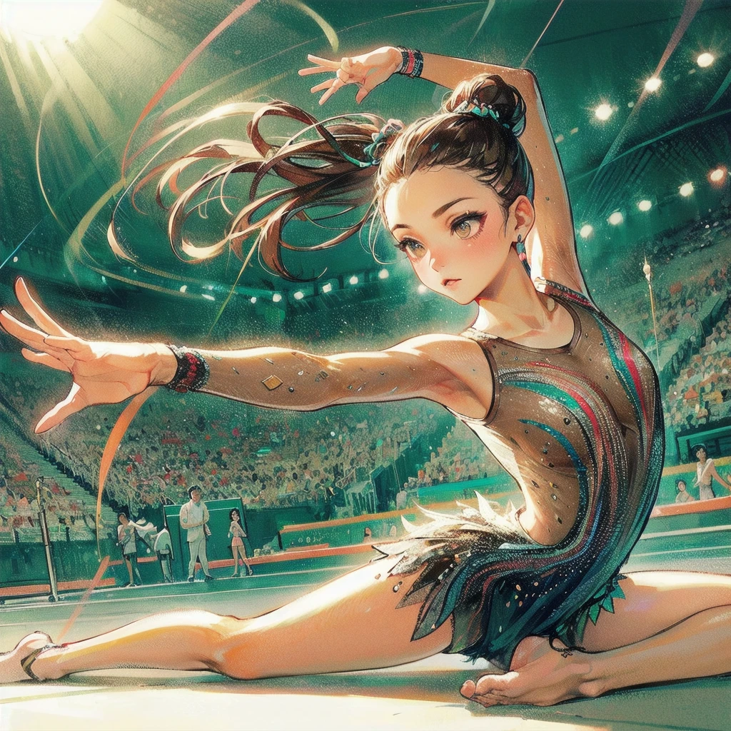 masterpiece, (textured skin), best quality, gorgeous beautiful girl, (a female rhythmic gymnastics athlete), detailed clothes,large breasts,narrow waist,, (beautiful face), cinematic lighting, (at rhythmic gymnastics venue ),
