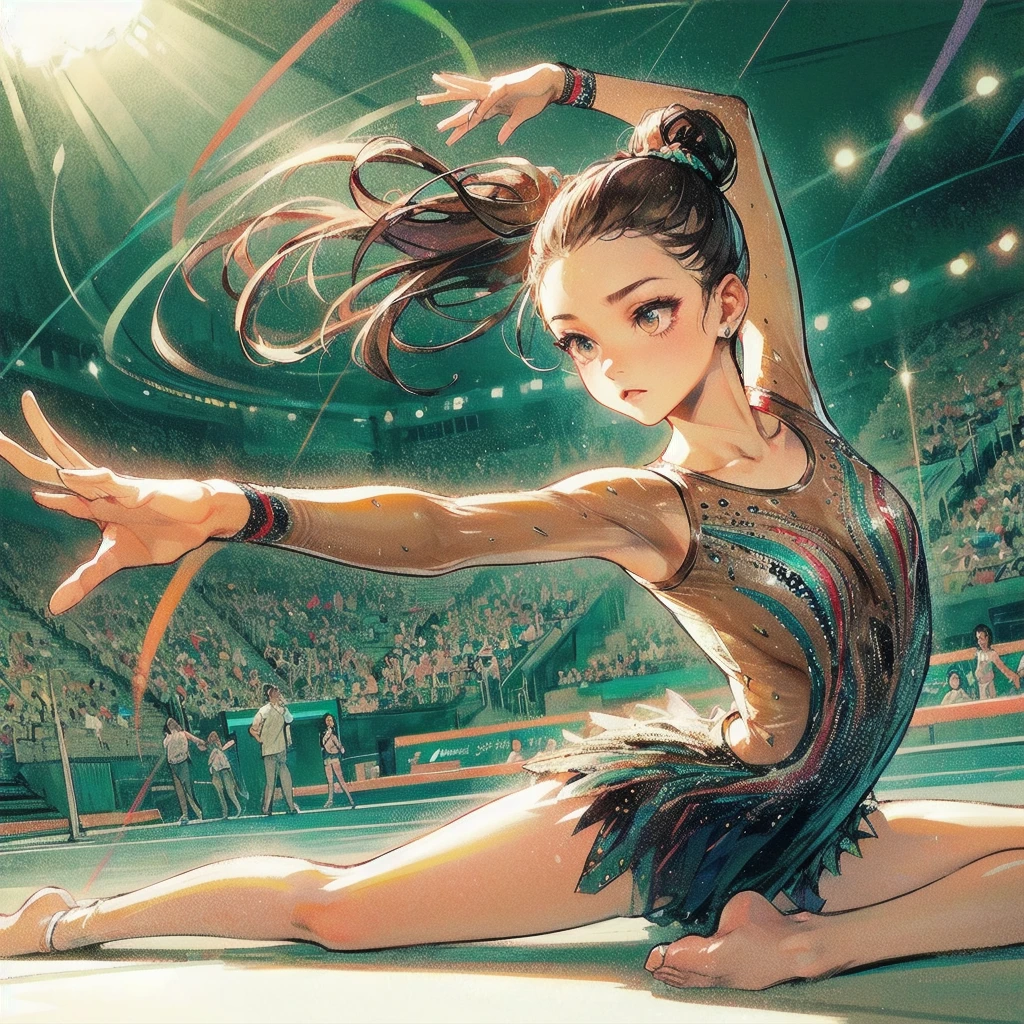  masterpiece, (textured skin), best quality, gorgeous beautiful girl, (a female rhythmic gymnastics athlete), detailed clothes,large breasts,narrow waist,, (beautiful face), cinematic lighting, (at rhythmic gymnastics venue ),