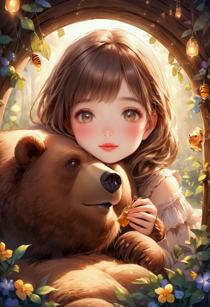 a cute girl with a friendly brown bear, sharing a honey, then playing together in a cozy den, Adorable scene between a girl and a brown bear, intricate detailed, face, longeyelash, lips, bear, playful expression, fairy-tale style illustration,girl's face close-up
