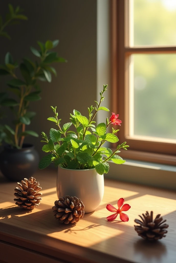  Nature morte et de la menthe et un petit jasmin roujatre avec de pomme de pin dans un chambre avec un éclairage doux et feutré 