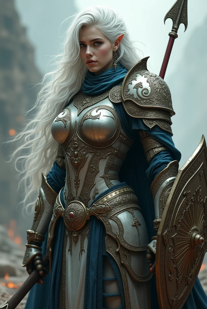 Female half-demon with white skin and hair,wearing heavy armor covering the entire body
,bearing a spear and a shield