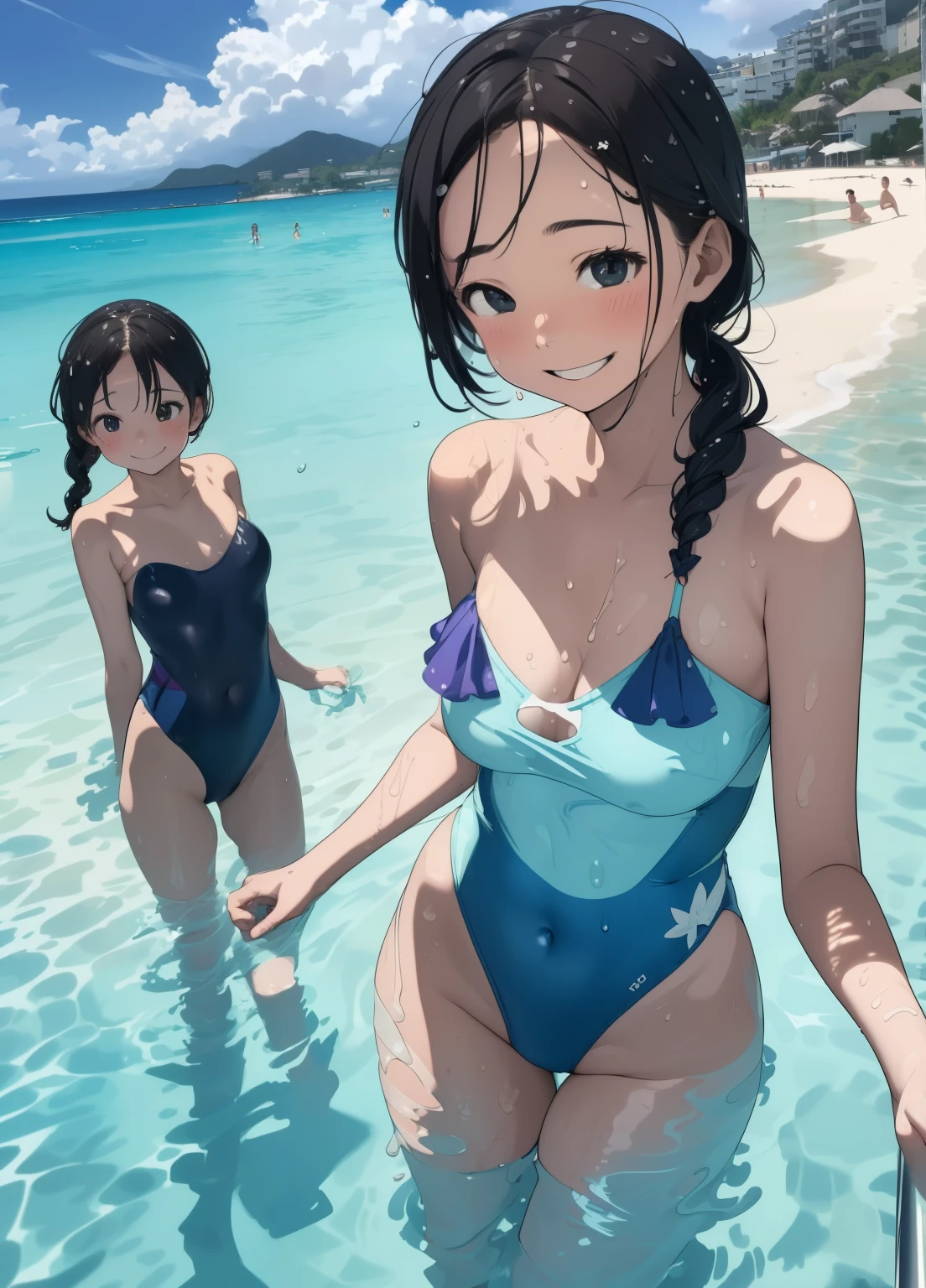 (masterpiece、Highest quality、Highest quality、Official Art、Beautiful and beautiful:1.2)、(One person:1.3)Hatsune Miku、Twin tails,Beautiful breasts, Katsushika Hokusai, (Highest quality:1.4)、High resolution、Detailed Background)、(Beautiful face in every detail:1.4)、Beautiful, smooth skin、Skin Texture、Professional Lighting、Beautiful teenage girl、(Three Women),
Brown Hair、Braided Bob、Braided Ponytail、Braided Hairstyles、Realistic、Perfect body line、Attractive thighs、Attractive big ass、sunny day、Cowboy Shot、
(Three beautiful people swimming on the beach:1.5)、
Splashing water、Happy expression、smile、Laughing with your mouth open、sexual expression、Wet swimsuit、Wet swimsuitが光る、My whole body is wet、My hair is wet too、cute、
The ruffled top and high-waisted bikini bottoms accentuate your feminine charm..。Choose a patterned or brightly colored bikini to make your look even more cute.、
Pair a strapless bikini top with a wrap skirt for a resort look.、For skirts, To add a summery feel、Choose patterned and lightweight fabrics.、
One-piece swimsuits with ruffles and lace details create a cute look.、
When playing at the waterfront, pairing it with a cap not only looks cute, It also protects you from sunburn..、
The cut-out design of this bikini gives it a modern and stylish look.、
Choose one with a complex design or different color combinations.、Your unique charm stands out.、
Rash guards are also a great way to protect yourself from the sun..、
Choose colorful patterns and pop designs.、Pair it with high-waisted bottoms for an active look.。, Girly look.、cute