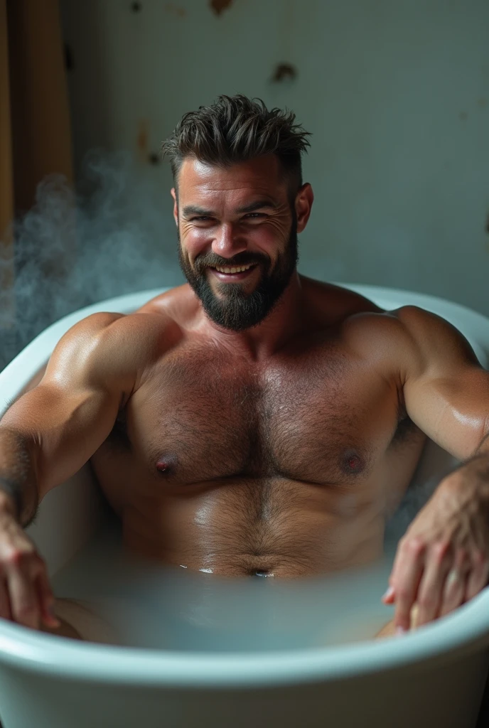 The hot, handsome redneck uncle teacher is soaking in a big bathtub, his legs spread open, his arms resting on the sides. He looks relaxed and at ease, with a cocky, confident grin on his face. The heat of the water is making him flushed, and he's sweating a little, his body glistening with moisture. He looks damn sexy and comfortable, like he's enjoying himself immensely, his muscular body on full display.that's both seductive and a little bit wild. He's got a fierce, concentrated look on his face, like he's really enjoying himself, and his expression. Gay porn masturbating. Long 40 cm penis. Hairy pupic hair. Horny. Need to cum.