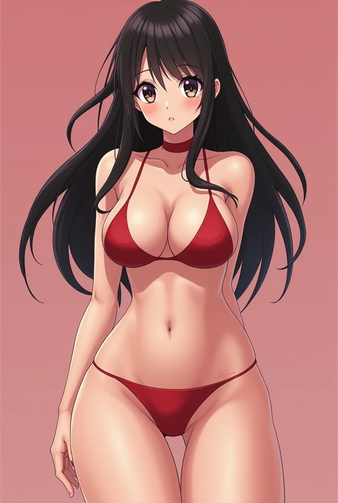 Create an image of a girl in anime format without clothes with very large breasts, and slim body in a sexy and very provocative way