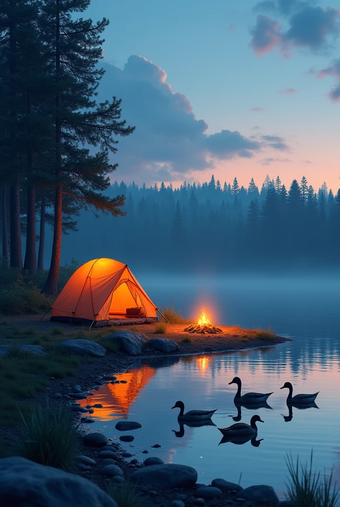 evening, lake, There is a tent on the shore, there's a fire burning nearby, ducks are swimming near the shore, a pine forest can be seen in the distance.