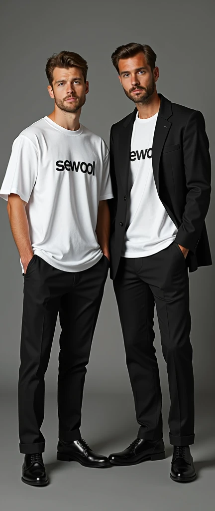 give me a picture of 2 or 3 male models in one picture with wearing oversize t-shirt and wearing formals paint and photoshoot in studio, and print the word on t shirt = Sewool
