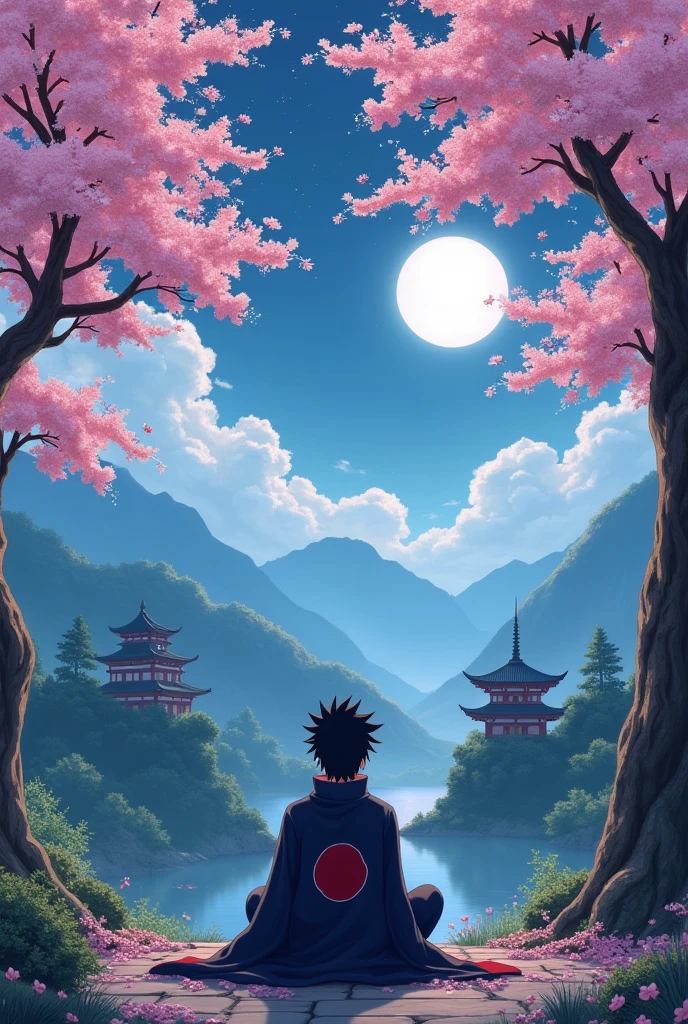 Naruto sitting under the sakura trees, green mountains and trees, Buddha temples, night, beautiful view, Beautiful moon ( Naruto wearing his dad's minato namikaze's fourth hokage shirt ) 