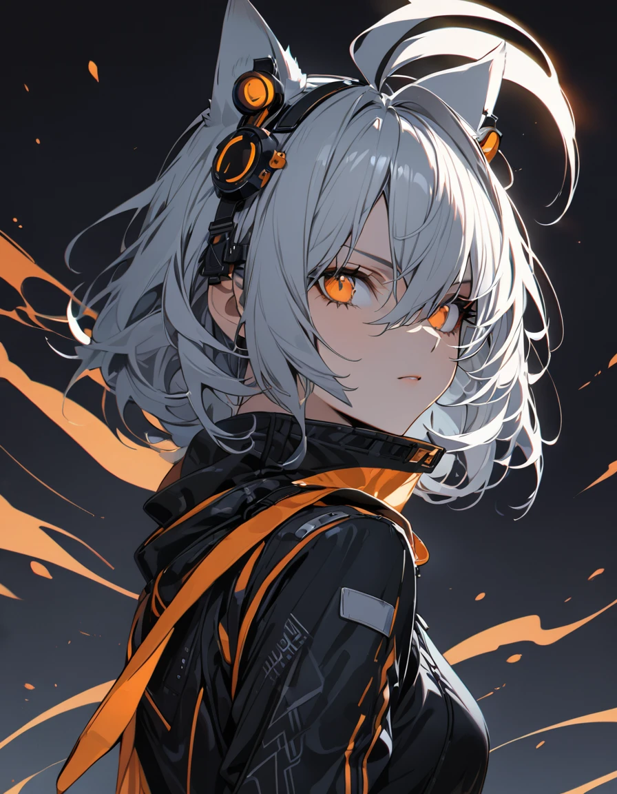 (masterpiece)、(absurdres)、(ultra detailed)、(8k),(solo lady),(silver cat ears:1.1),(silver hair),(shortcut hair:1.1),(messy hair:0.7),(Ahoge:0.9),(middle breast:0.9),BREAK,(orange eyes),(Downturned eyes)BREAK,black cyberpunk,orange Smoke:1.5,Serious,potrait shot:1.2,simple darkness background,in the darkness:1.2