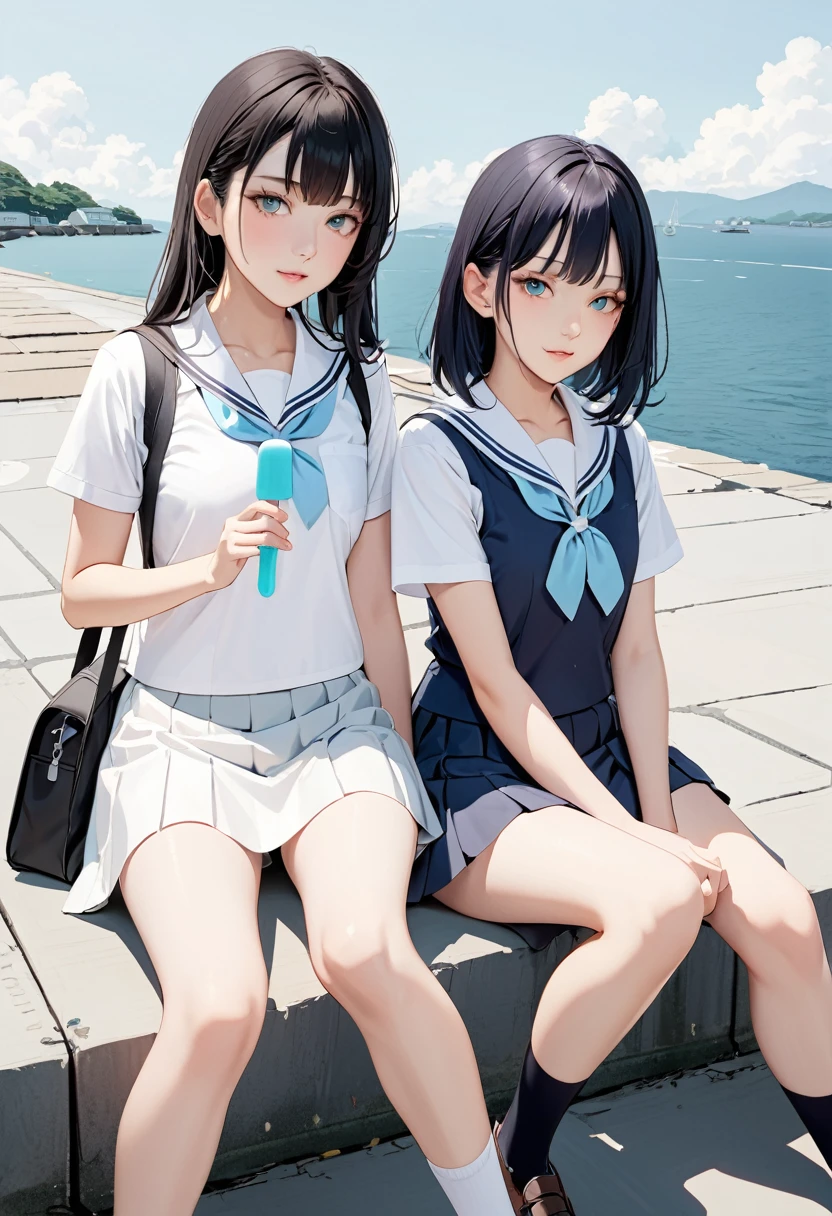 (masterpiece, best quality),Simple design,Two girls sitting opposite each other,A listless look,Popsicles,White background,Breakwater,Summer in Japan,High School Uniform,