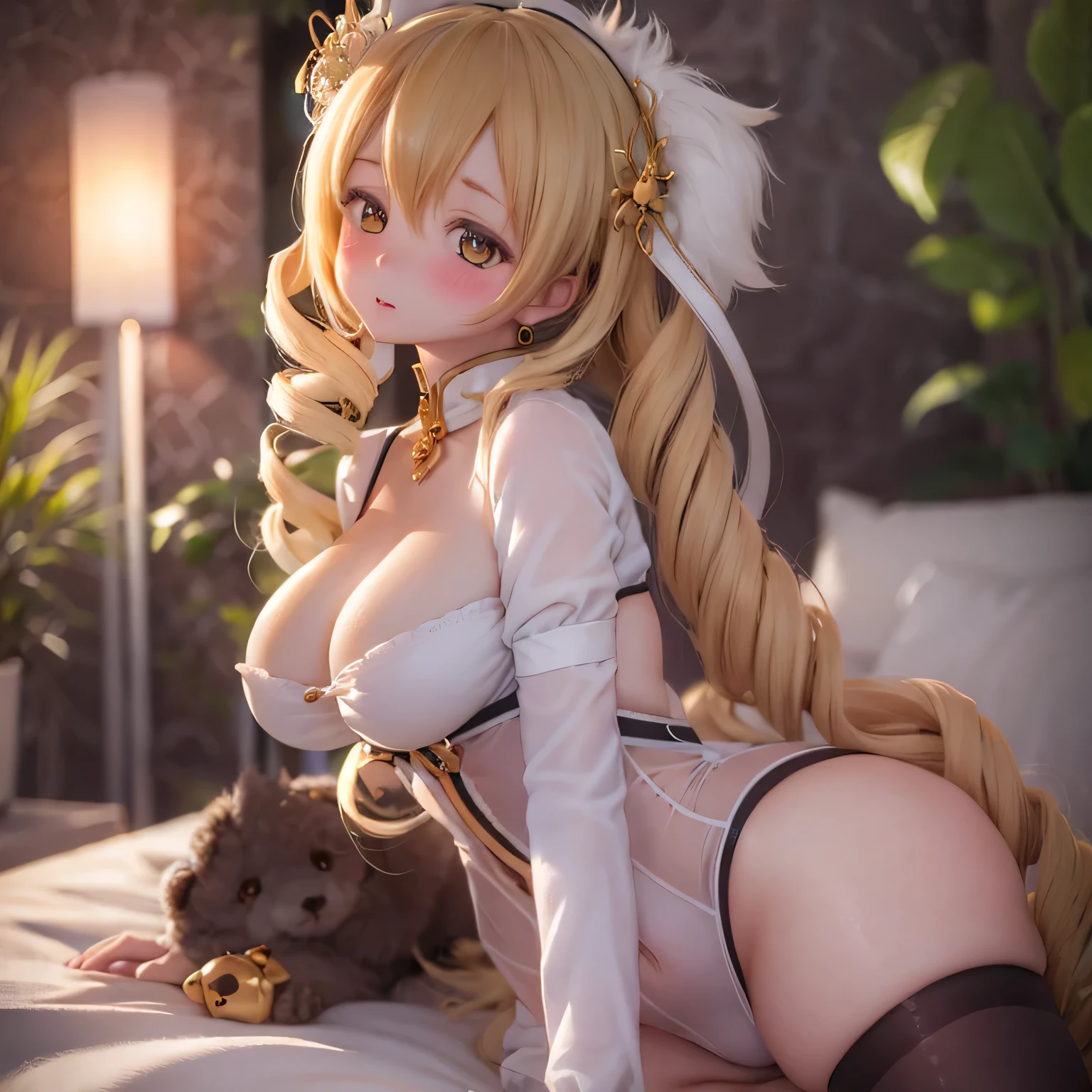 detailed, Beautiful woman with expressive eyes, Perfect Face, Long golden hair, Golden Eyes, Pでk Lips, Attention to detail, Anime Style, Bright colors, cute, Thick and sensual lips, Curvaceous and voluptuous body, blush, Rye and bed. poor、Looking back over her shoulder in a sexy pose