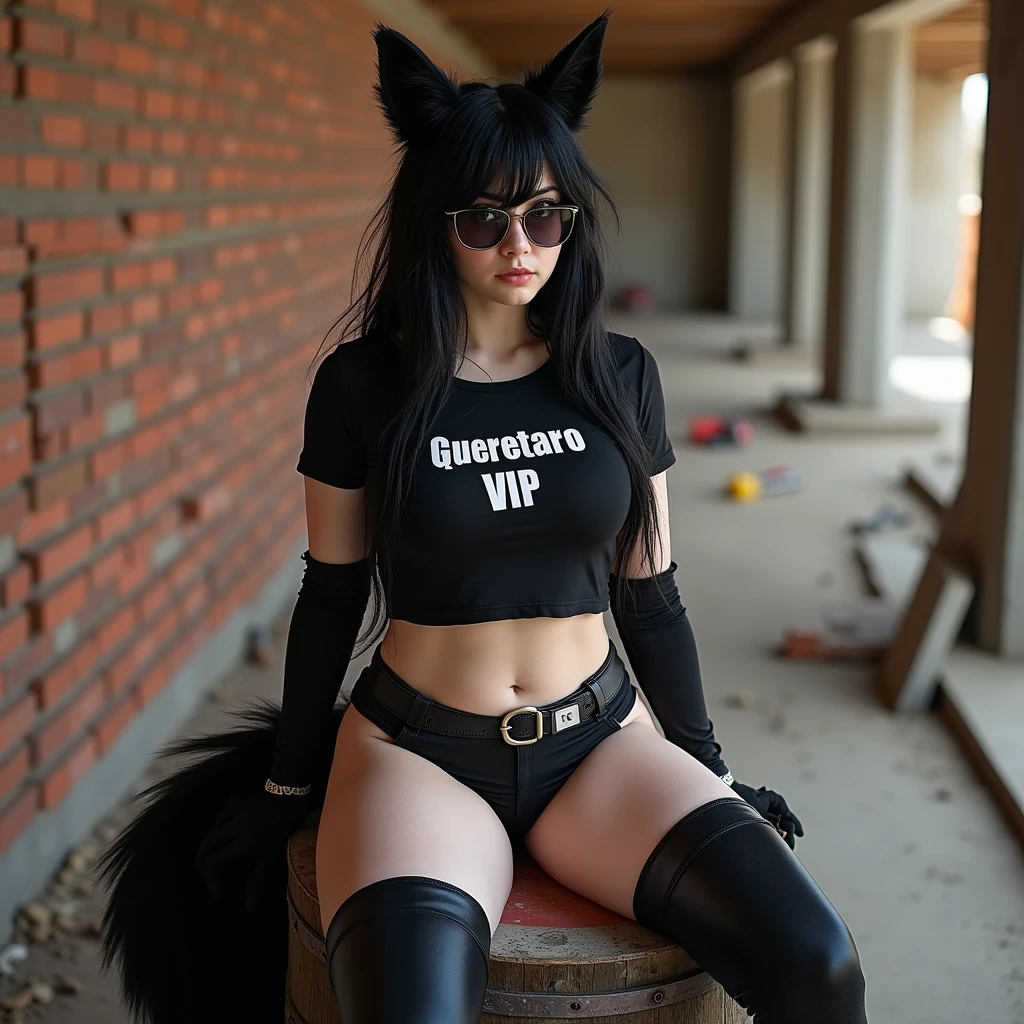 women, 18 years, huge breasts, very big buttocks, black fur, White skin, Brown eyes, Athletic legs, full black lingerie, Black short fitted t-shirt with the legend: "Queretaro VIP", Sunglasses, fox ears, Fox tail, sitting on barrel , brick wall in the background, In the background you can see a construction in progress, tools on the ground