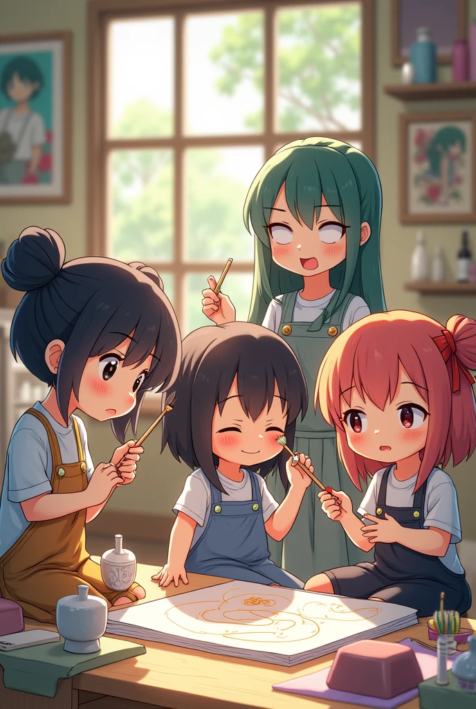 A group of people drawing and sculpture, chibi anime adult