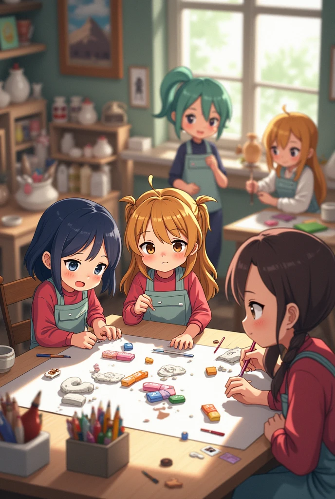 A group of people drawing and sculpture, chibi anime adult
