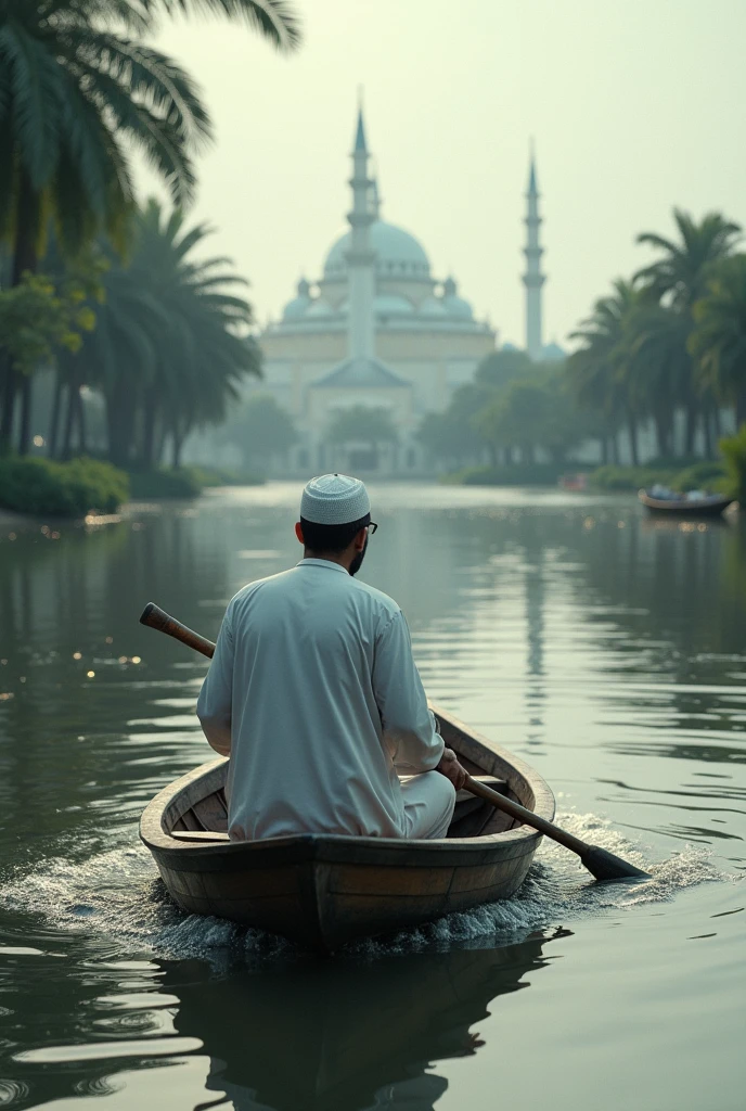 35 year  Islamic man takes boat to mosque in flood
