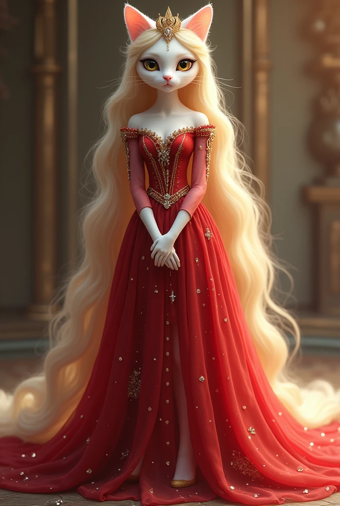 A white cat princess with long golden hair, very long hair, beautiful face, tall, big eyes, very cute, wearing a red princess dress, a long dress with beautiful diamonds, can see the whole body, wearing high heels, wearing a crown.