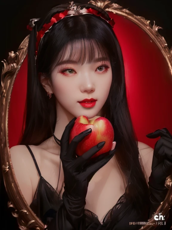 A woman dressed in black with gloves holding an apple in front of a mirror, with apple, pale, snow-white skin, guweiz style artwork, Sha Xi, guweiz, ulzzang, inspired by Yanjun Cheng, cruel korean gothic girl, inspired by Wang Meng, lalisa manobal, Red Apple, trend on cgstation