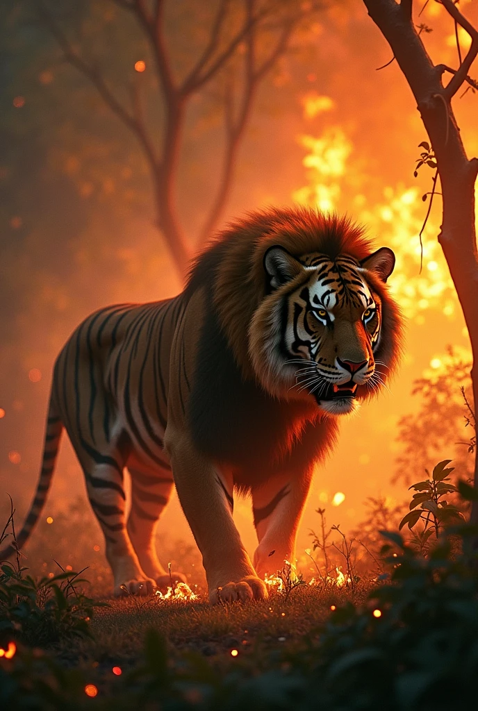 জঙ্গলে আগুন লেগেছে বাঘ এবং সিংহ আছে সেখানে
