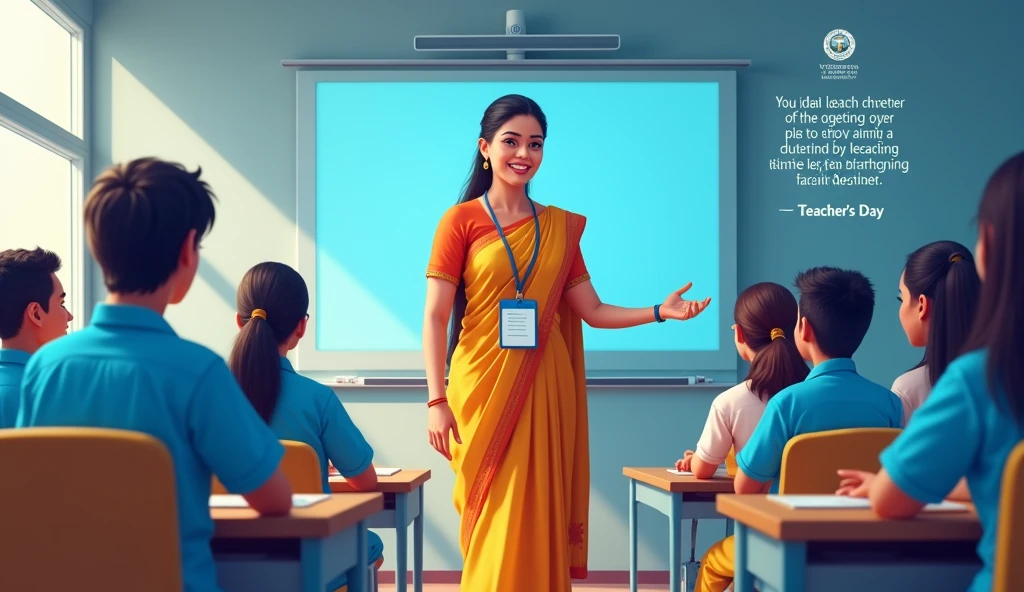 Can you create a 16:9 ratio poster for Teachers' Day with the theme of an ideal learning environment, incorporating a relevant quote with good classrooms
The teacher should be in classrooms in saree with id blue id card and adult stidents should be in sky blue uniform in uniforms , there should be digital classroom and the college name is Yenepoya University