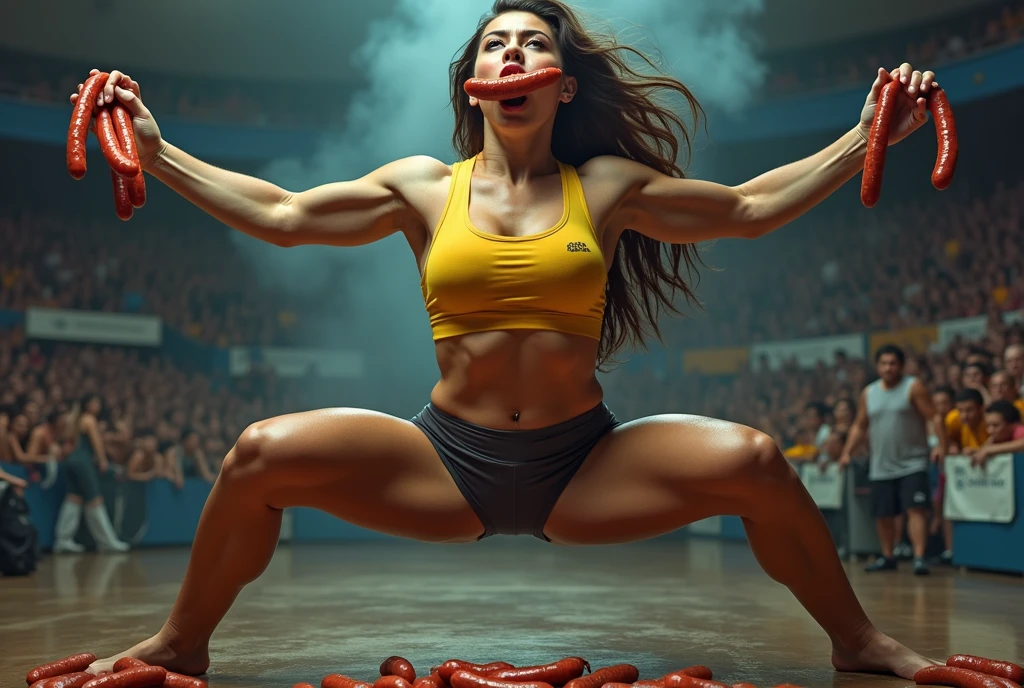 put sausage in mouth,Heaps of sausages in both hands,muscular woman Eating sausage battle contest,in kitchen stadium,